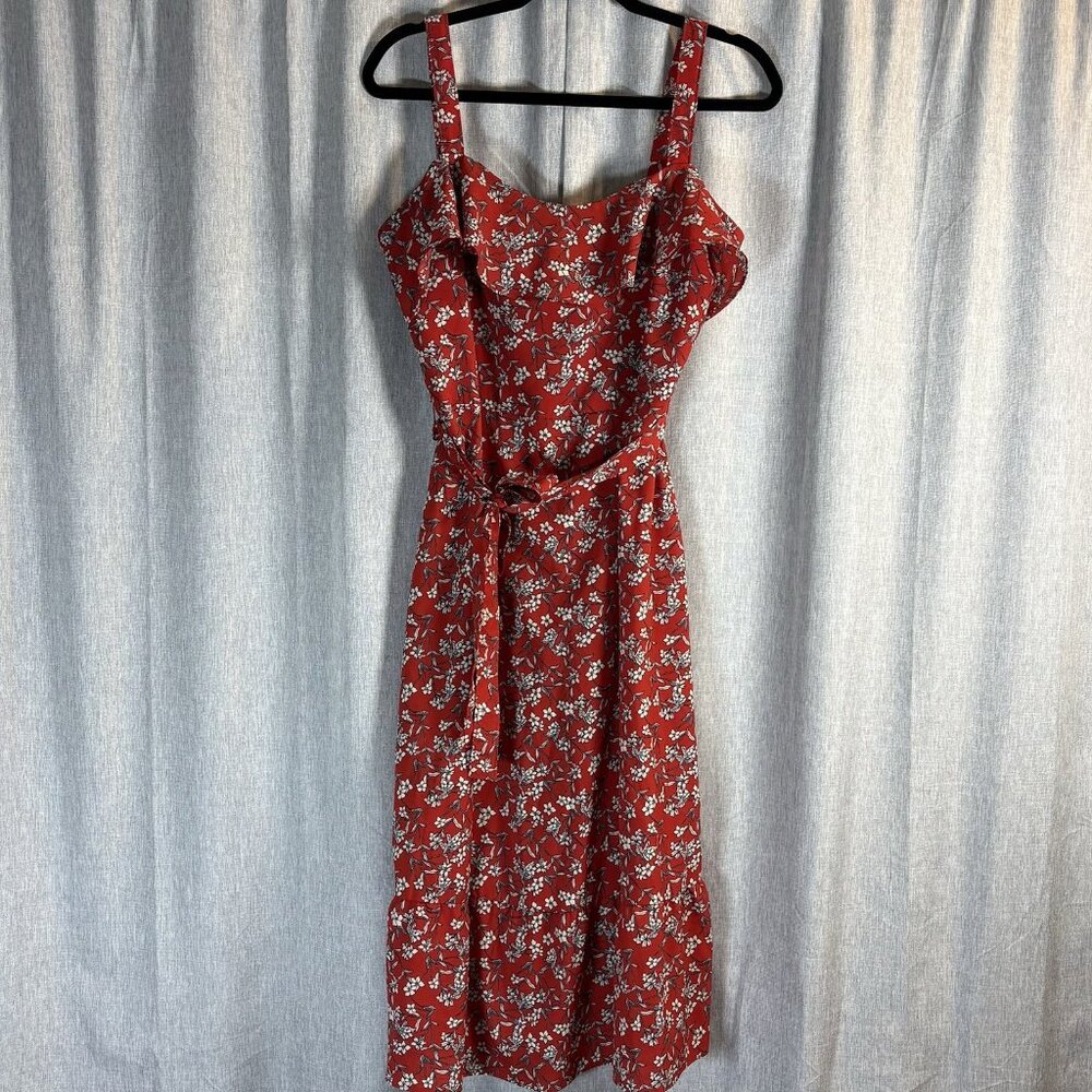 Banana Republic Red Floral Print Strappy‎ Flounce Belted Midi Sundress SZ 10-12